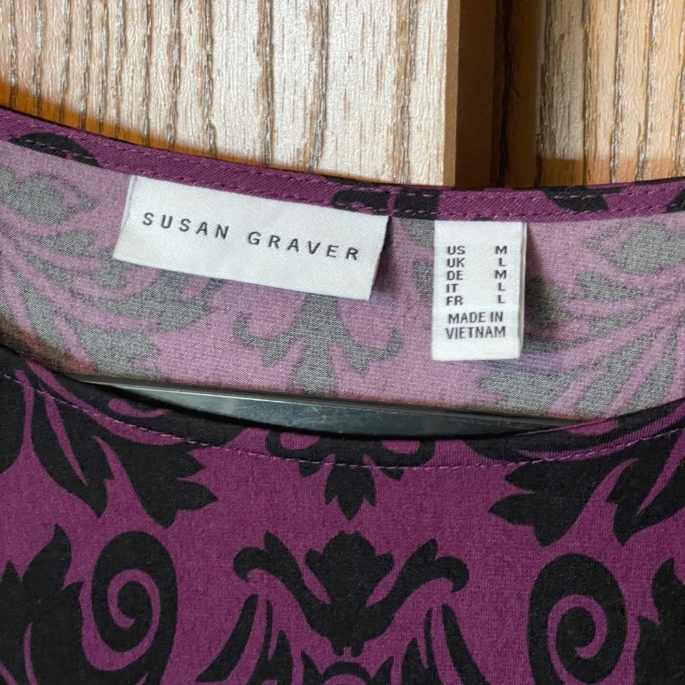 SUSAN GRAVER PURPLE & BLACK WOMEN’S TOP SIZE M SIDE KNOT 3/4 SLEEVES - Picture 4 of 5